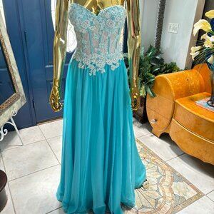 Blue Strapless Corset Prom Dress Size 6 | Beaded Formal Gown A-Line
